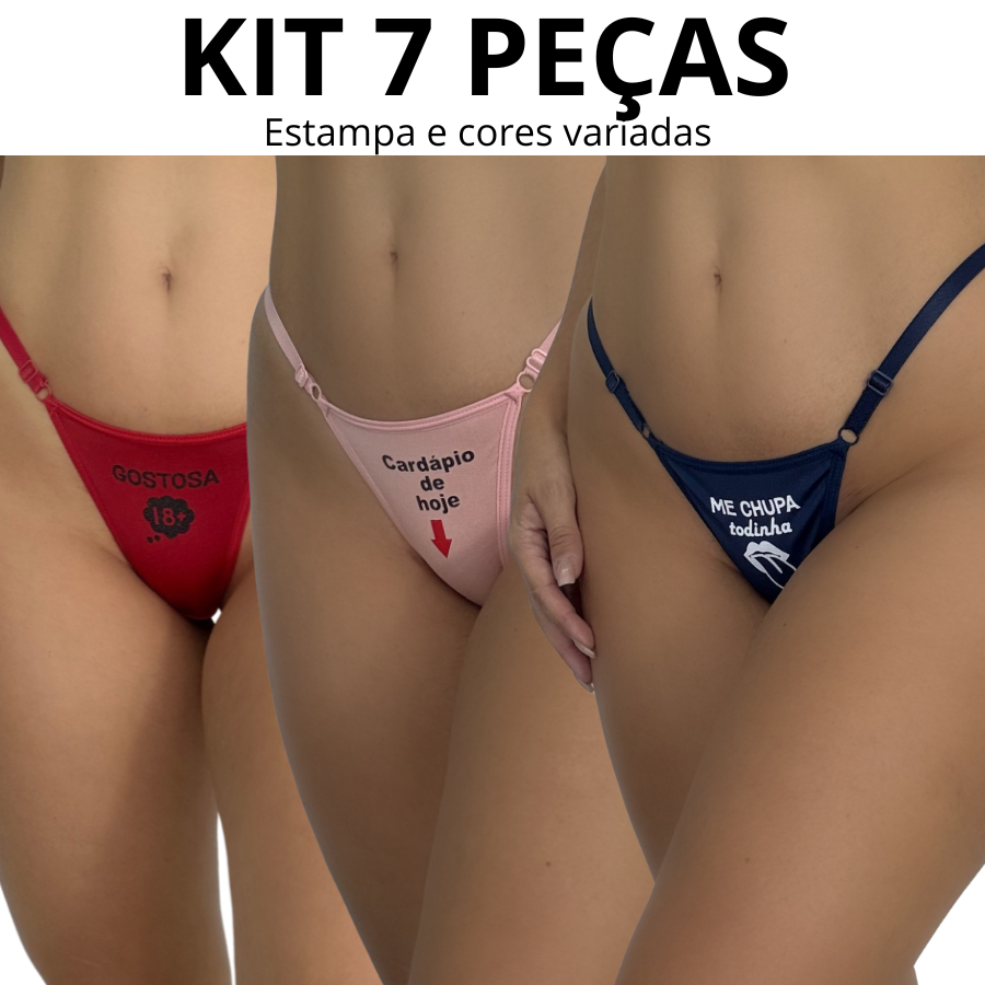 Kit 7 Calcinhas com Frase Sensuais Lateral Regulagem Com Escritas Fio Tanga Dizeres Alça Regulaveis