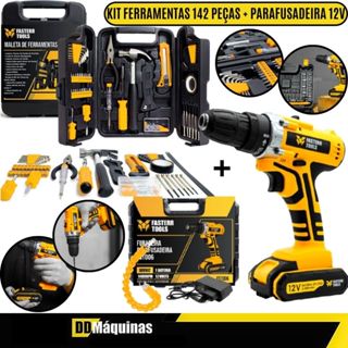 Kit Furadeira Parafusadeira 12V Com Acessórios + Maleta e Bateria + Jogo 142 Peças - Fasterr em Oferta na Shopee