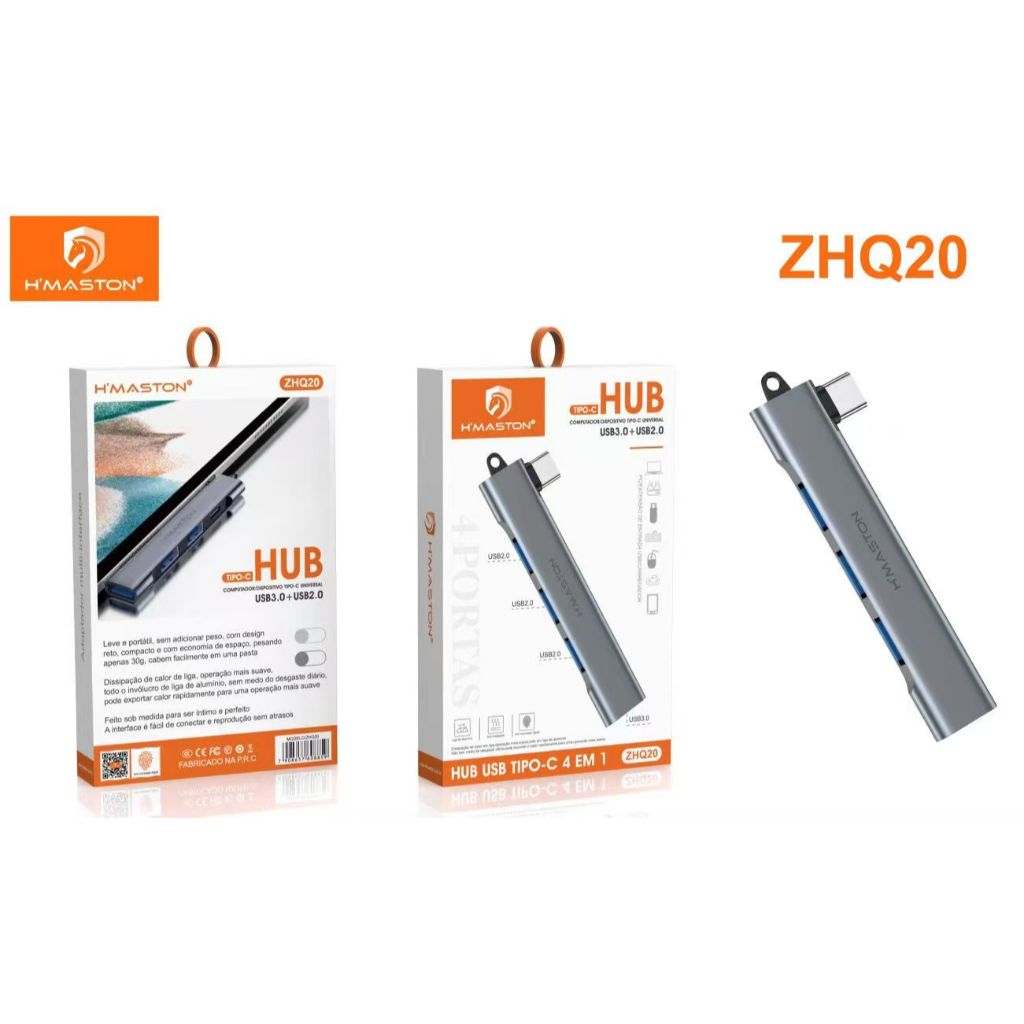 Hmaston ZHQ20 Hub Usb 4 Em 1 Tipo C/Hub USB 3.0 H'Maston ZHQ21 - 4 em 1