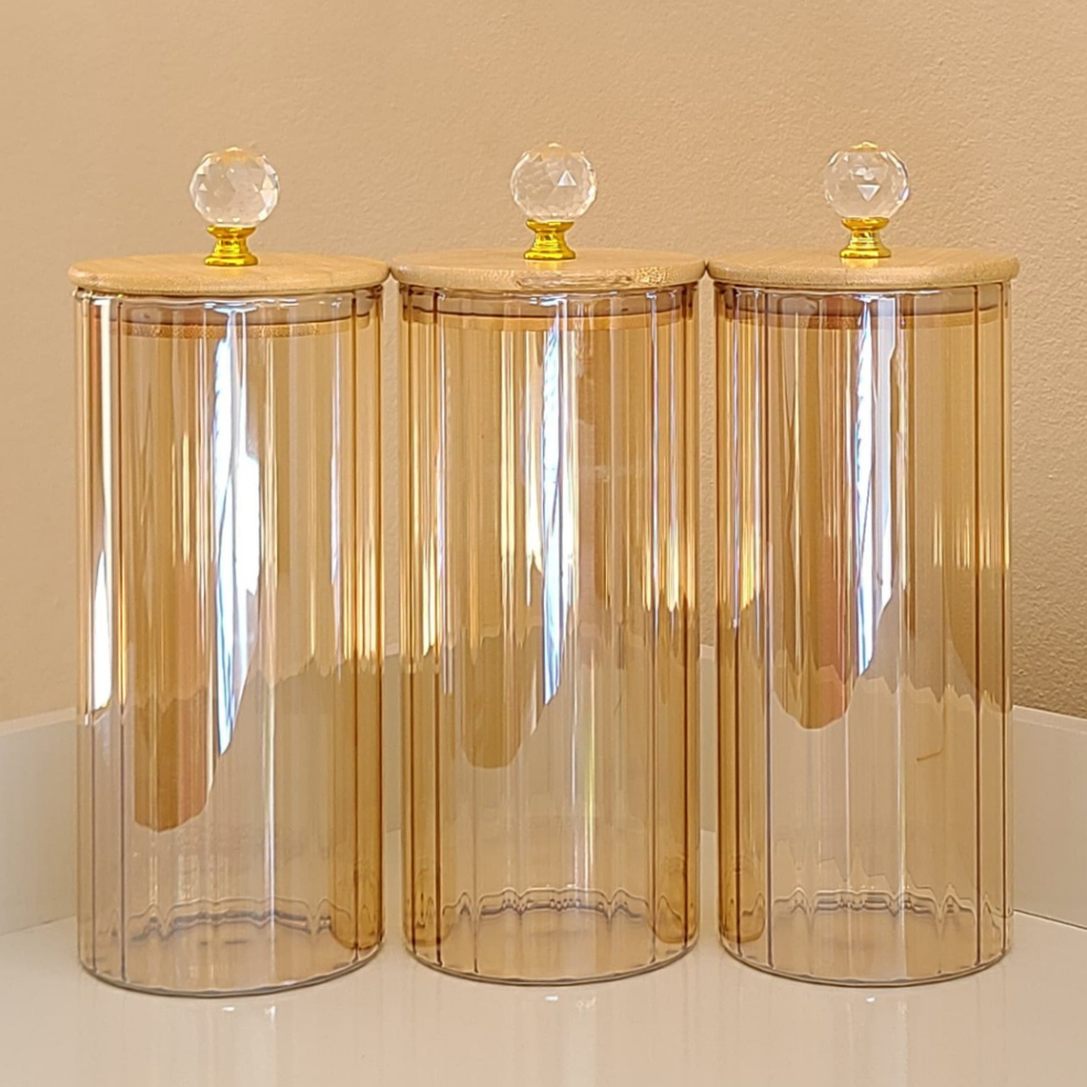 Pote Vidro CANELADO ÂMBAR CRISTAL 1050ML Porta Mantimentos cozinha Tampa Bambu porta tempero em Oferta na Shopee