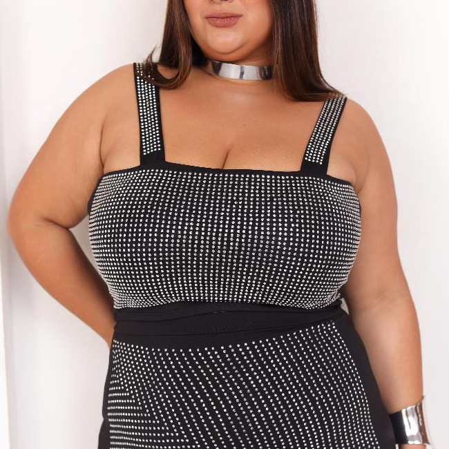 Cropped moda balada brilho pedraria strass modelo Monica com bojo Plus Size