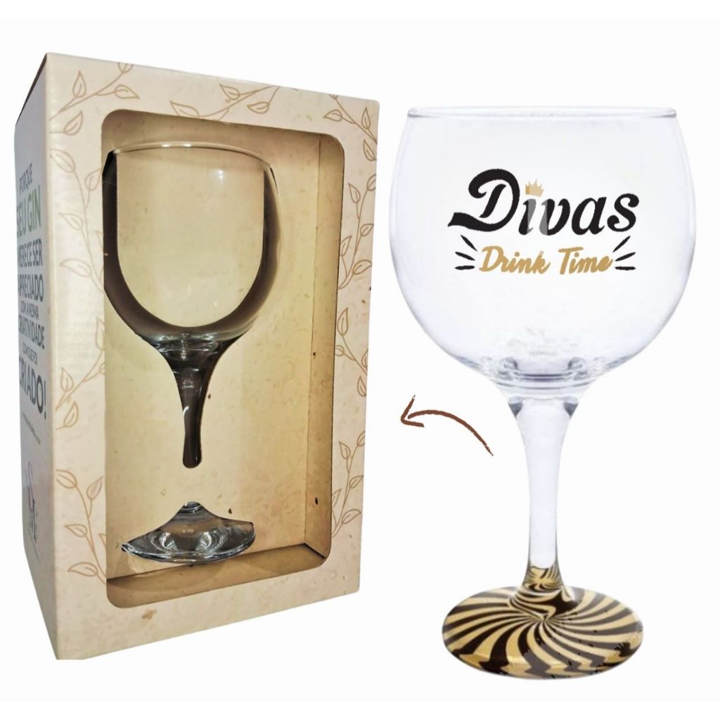 Taça Gin Vidro Divas Gin Time Preto e Dourado 600ml