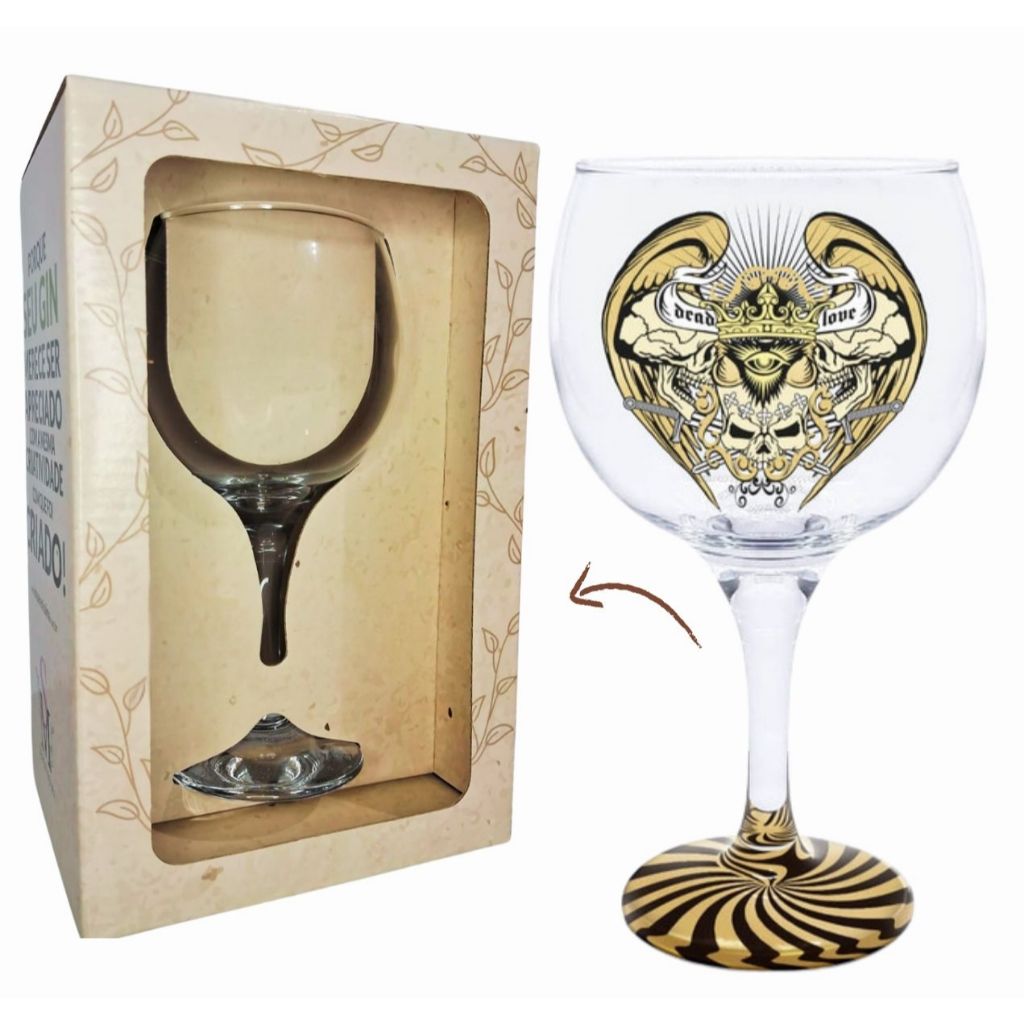 Taça Gin Vidro Caveira Dead Love Base Dourada 600ml