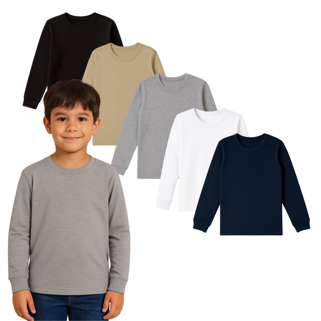 Blusa 100% Algodão Manga Longa Infantil Juvenil Menino Malha Lisa Basica Tamanho 1 ao 16 em Oferta na Shopee