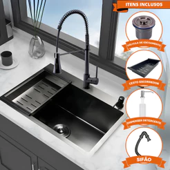 Cuba Pia Gourmet Cozinha Quadrada Preta Inox Com Torneira Monocomando 1 Saída
