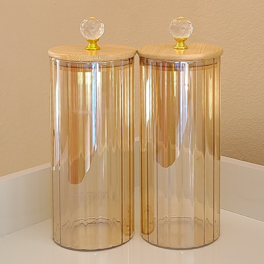 Porta Mantimento de Vidro CANELADO ÂMBAR CRISTAL 1050ML cozinha Tampa Bambu  porta tempero