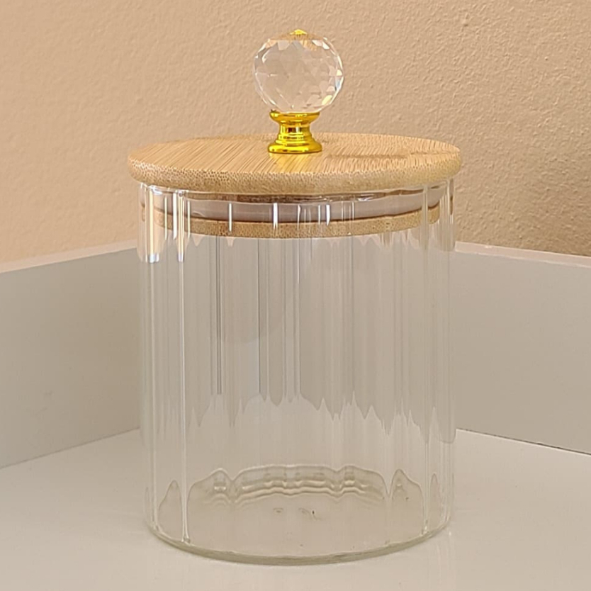 Pote Com Tampa Bambu Hermético CANELADO TRANSPARENTE CRISTAL 500ML Porta Mantimentos cozinha DE VIDRO