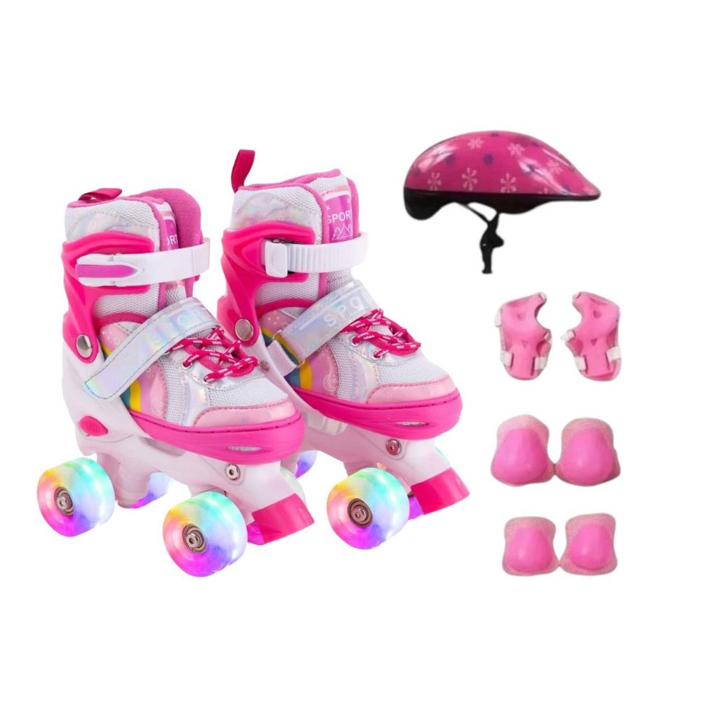 Patins Infantil Arco Íris Rosa/Rosa 4 Rodas Ajustável com luz de LED Com e Sem Kit de Segurança
