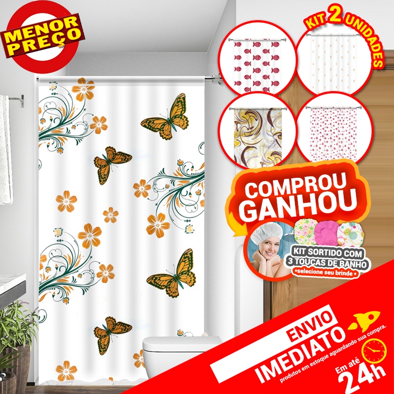 Kit 2 Cortinas de Box Banheiro Diversas Estampadas Uso Direto no Suporte Acabamento em Viés 100% PE