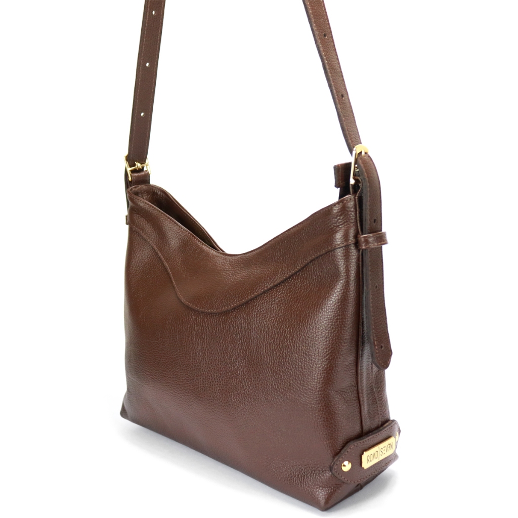 Bolsa de Ombro e Transversal em Couro Legitimo Marrom Café Média Espaçosa Road Seven