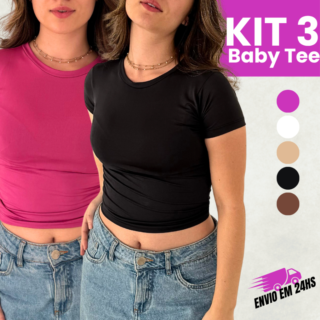 KIT 3 Blusa Feminina Baby Tee Cropped Slim Fit Manga Curta Suplex Compressão Liso Casual Básica