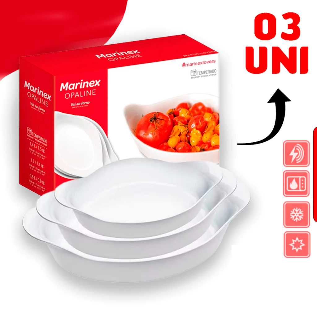 Jogo 3 Assadeiras Oval Opaline PMG Travessa Forma de Vidro Forno Louça nova Marinex Sobrem...