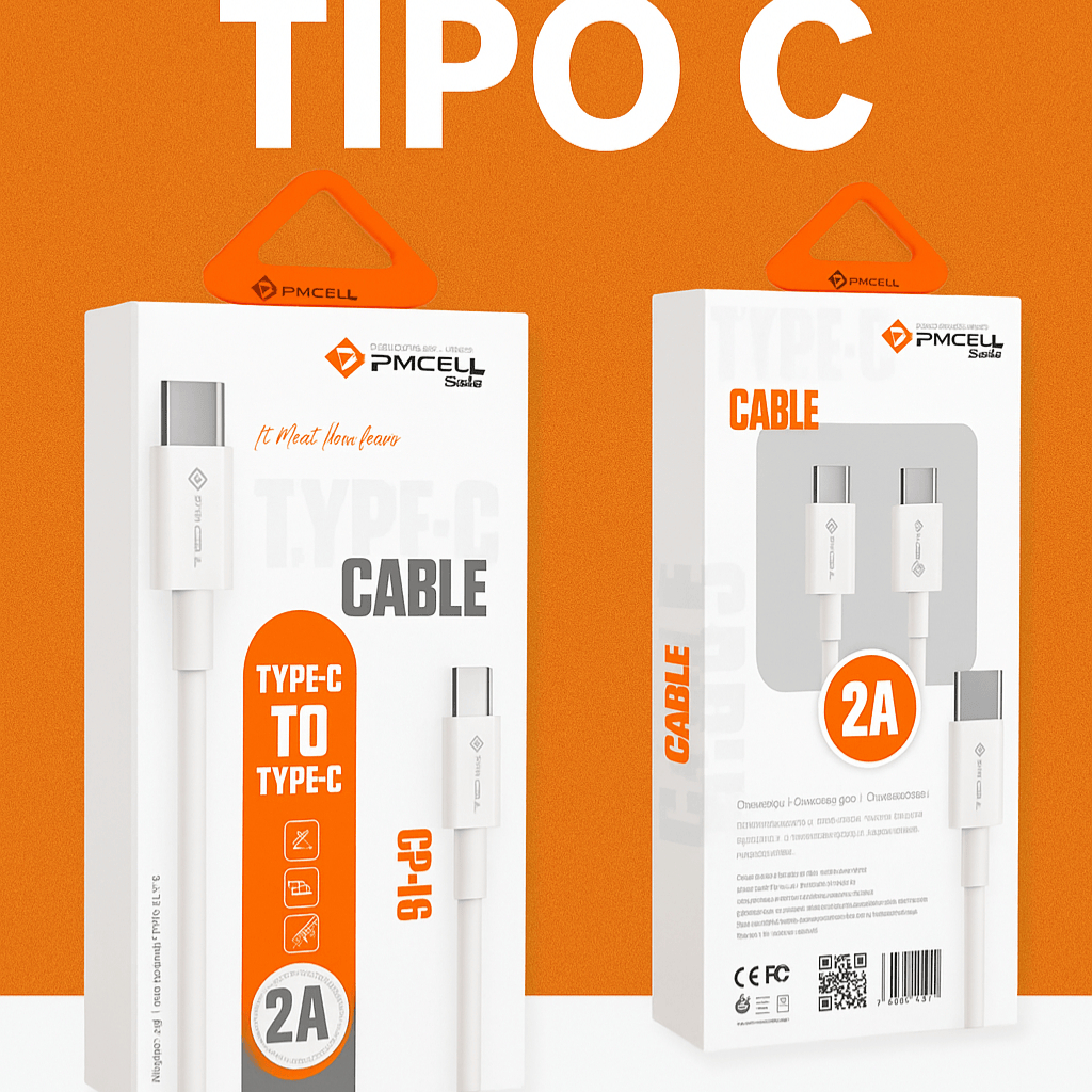 Cabo Tipo-C PMCELL CB-16 Turbo 2A 1m – USB-C Rápido 5Gbps | Carregamento + Transferência Dados | Resistente e Seguro