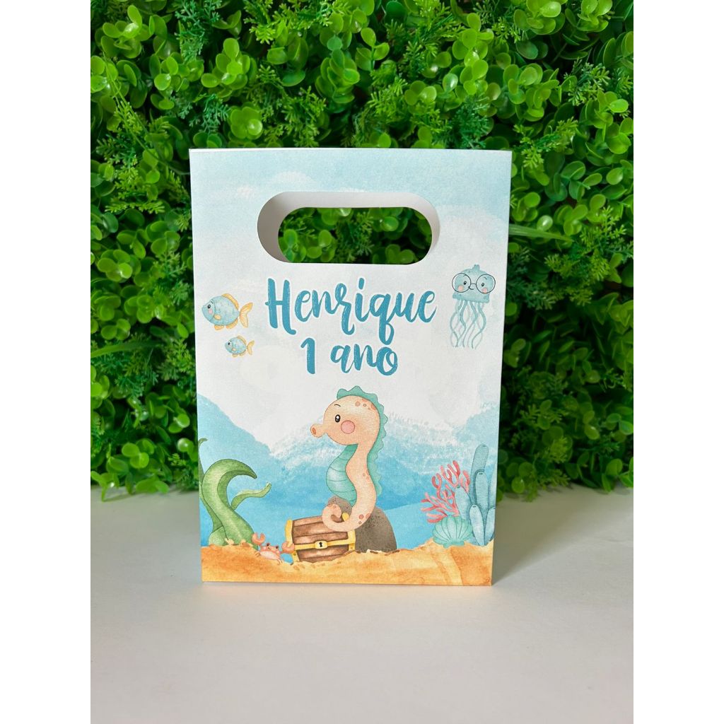 Kit Sacola Papelaria Personalizada Fundo Do Mar Sacolinha de Lembrancinha Caixinha para Festa