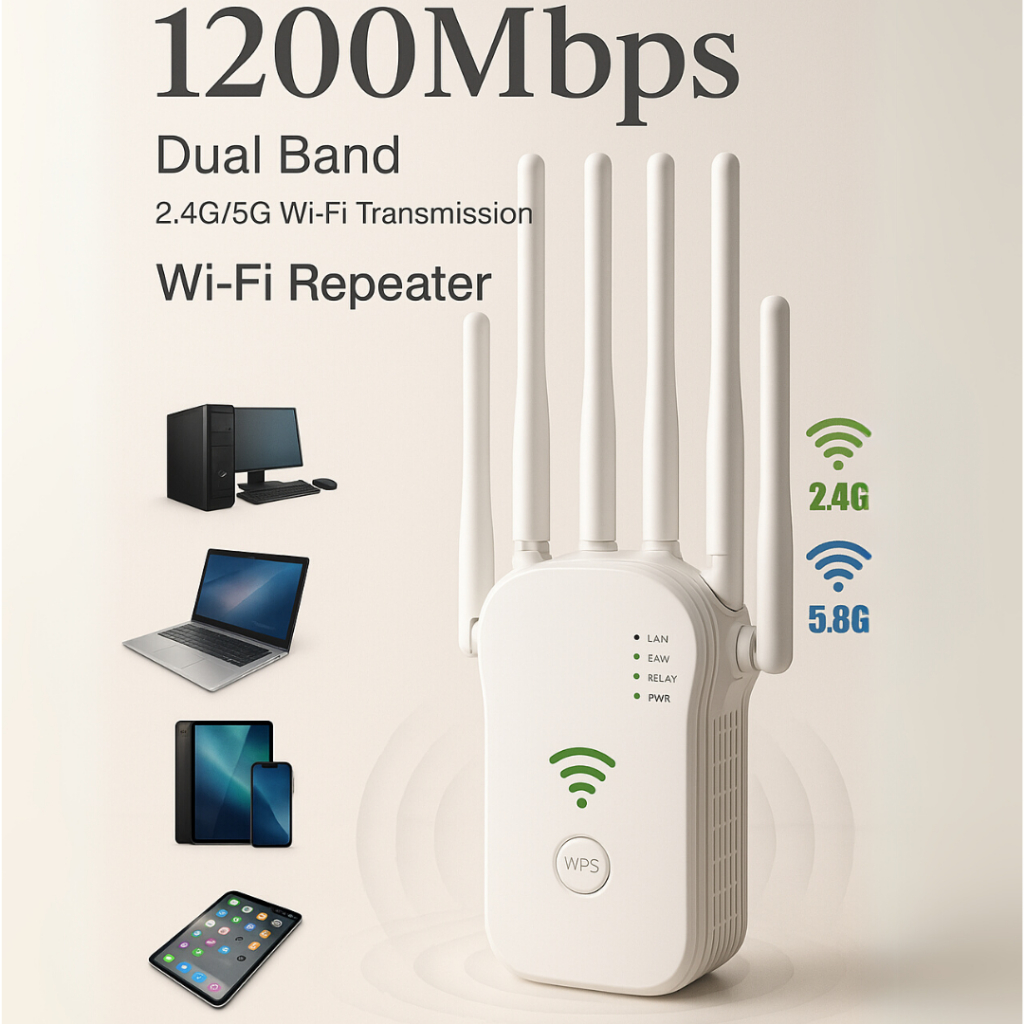Repetidor Wi-Fi 1200mbps com 6 Antenas | Roteador e Amplificador de Sinal – Alta Potência e Alcance Estendido
