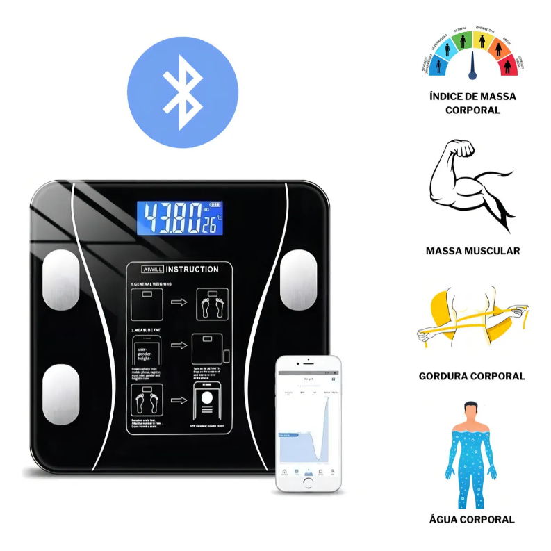 Balança Corporal Bioimpedância Profissional Bluetooth até 180kg  balança de gordura corporal é essencial para o condici