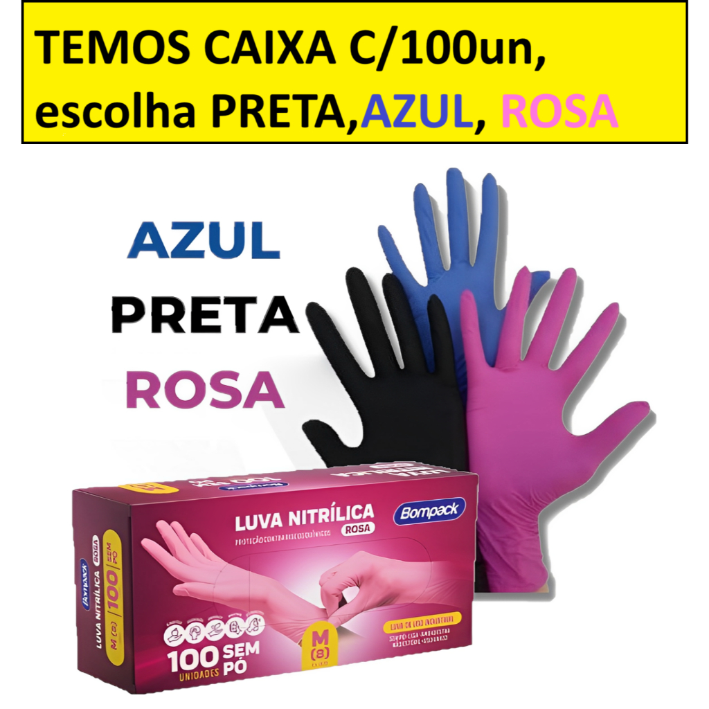 Kit 100 Luva Nitrílica sem pó nitrilo preta/rosa/azul antialérgica descartáveis P, M , G, GG com certificado em Oferta na Shopee