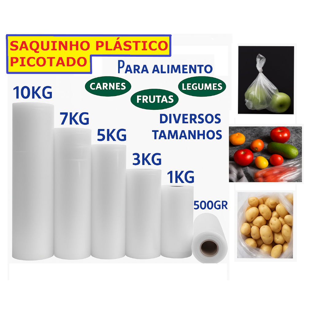 Imagem Bobina Plástica Picotada Sacos plásticos saquinhos alimento Mercado Freezer todos os tamanhos