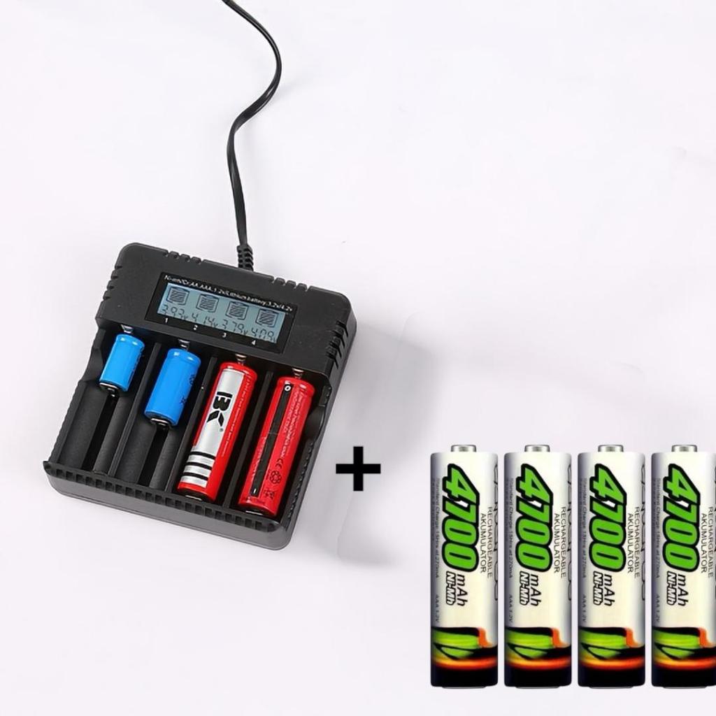 Kit 4 Pilhas normal AA + Carregador de Pilhas 4 Compartimentos Universal Tela LED Carregue Inteligente Gaste Menos