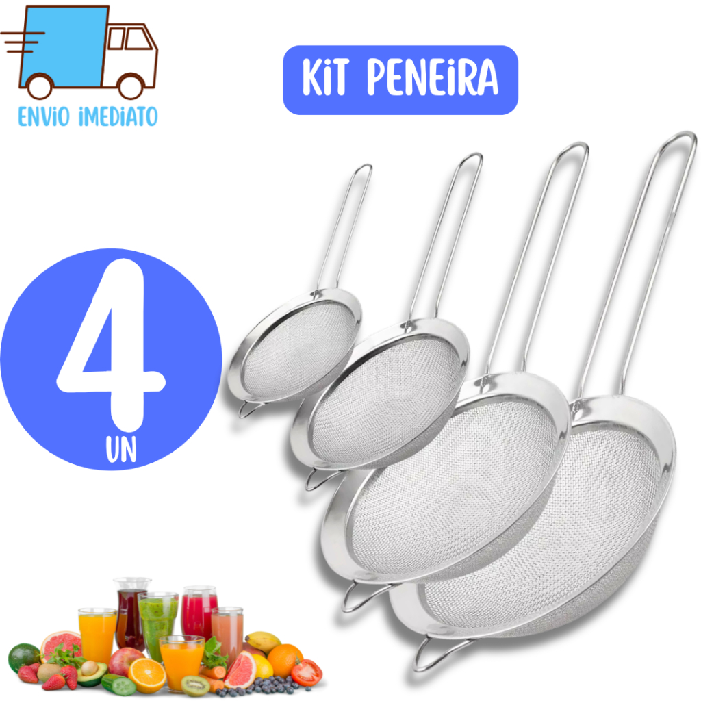 Kit Peneira Coador Funil em Aço Inox Para Farinhas Alimentos Frutas Cozinha 8cm 10cm 14cm 18cm