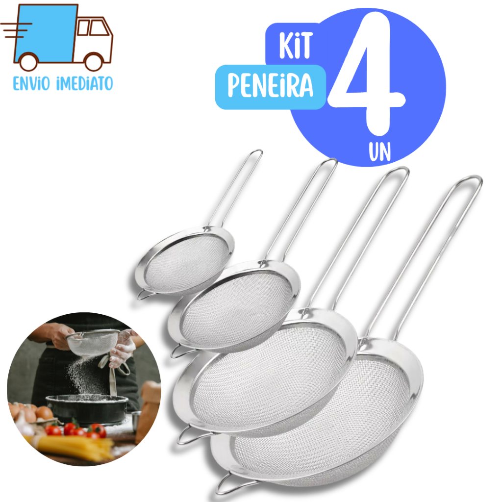 Kit Peneira Coador Funil em Aço Inox Para Farinhas Alimentos Frutas Legumes Cozinha 8cm10cm14cm18cm