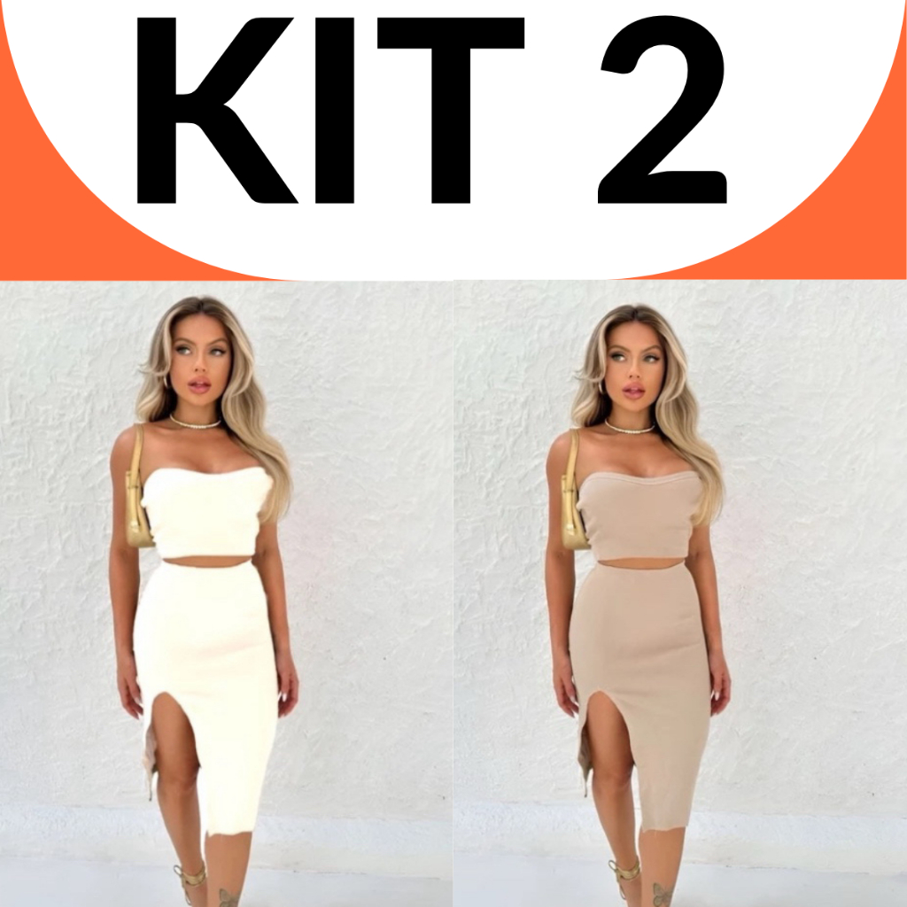 KIT 2 Conjunto Cropped e Saia Midi Com Fenda Lateral Anarruga VERMELHO ,BRANCO, NUDE Preto...