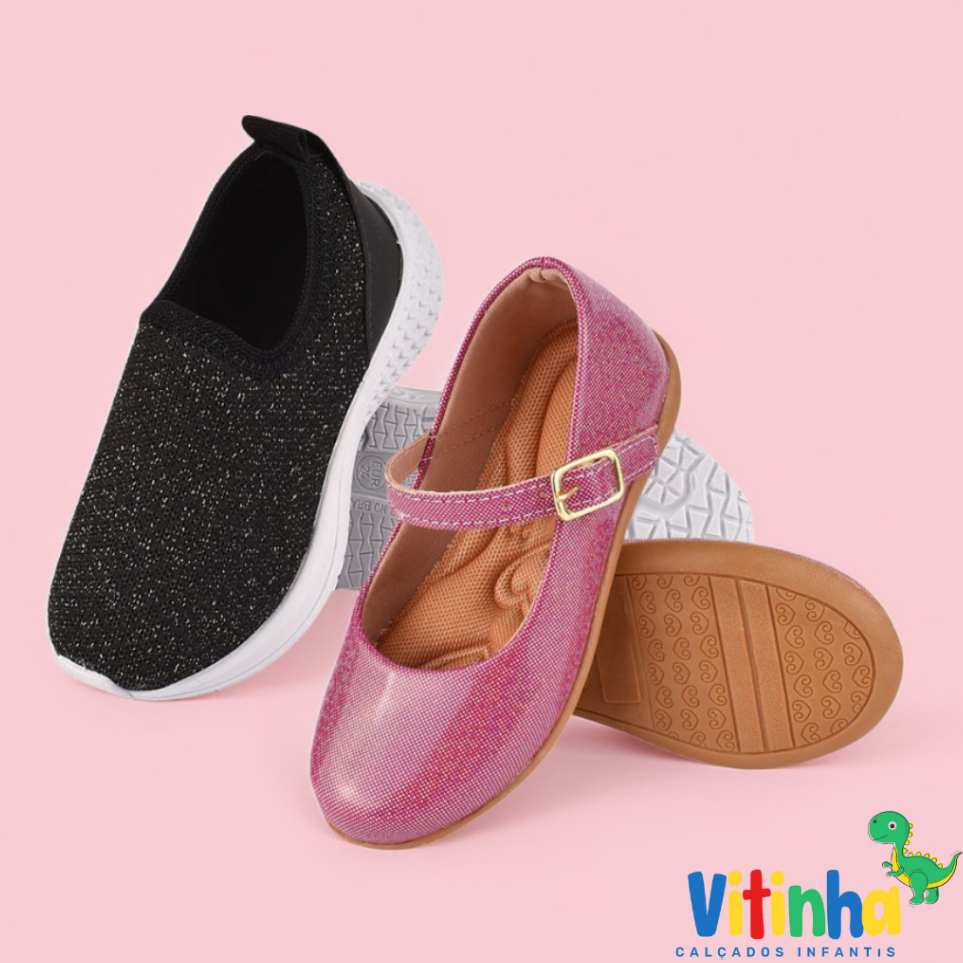 Kit 2 Pares Tenis e Sapatilha Infantil Feminina Barato Casual Sapato Boneca Festa Brilho