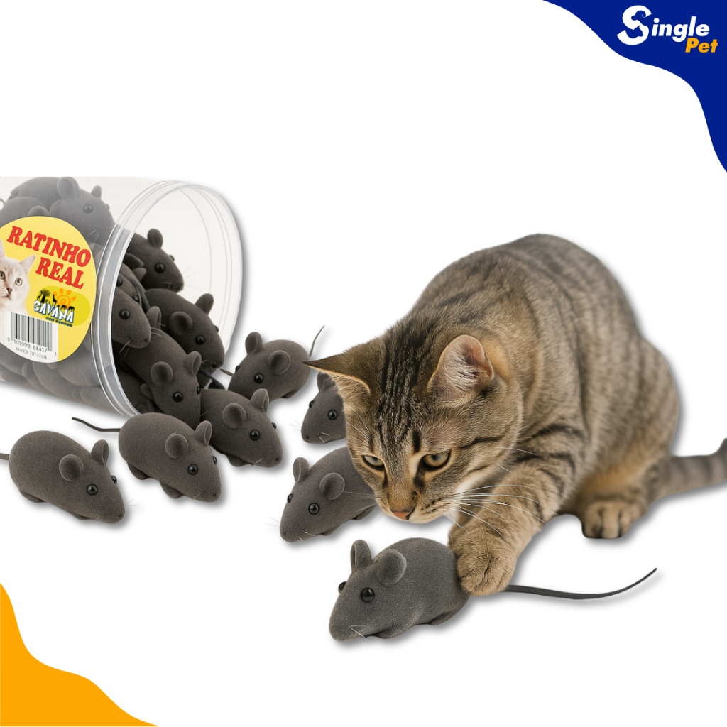Brinquedo Ratinho Real Cinza Vinil Veludo Cat Gatos com Apito Savana - Kit 15 Unidades
