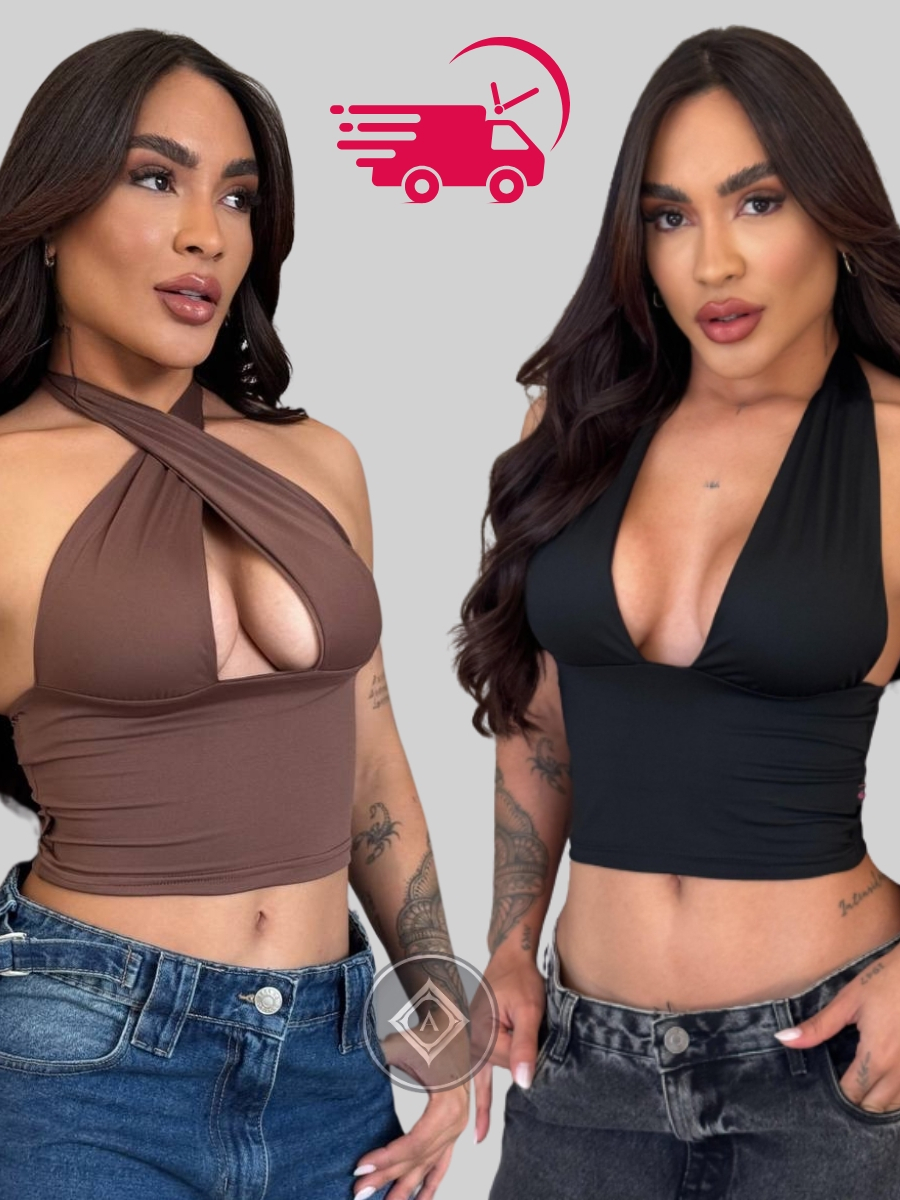 Blusa Cropped Com Amarraçao Multi forma Top Decote Festa Moda Gringa Decotado Suplex Premium Sexy Elegante Sustentaçao