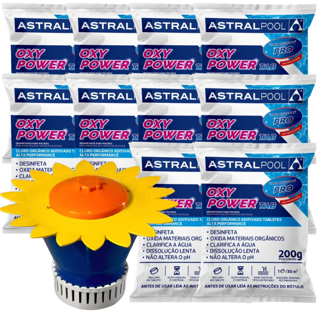 10 Tablete Pastilha Oxy Power + Dosador de Cloro Clorador de Pastilha Flutuante Para Piscina Girassol Até 600g
