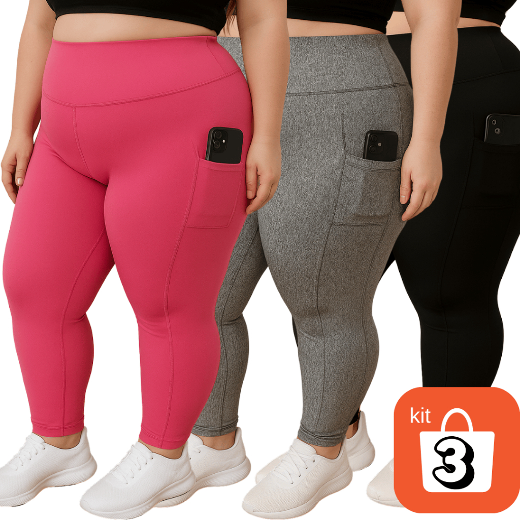 Kit 3 Leggings com Bolso Fitness Plus size GG ao EXGG Calça feminina Cintura Alta curves academia em Oferta na Shopee