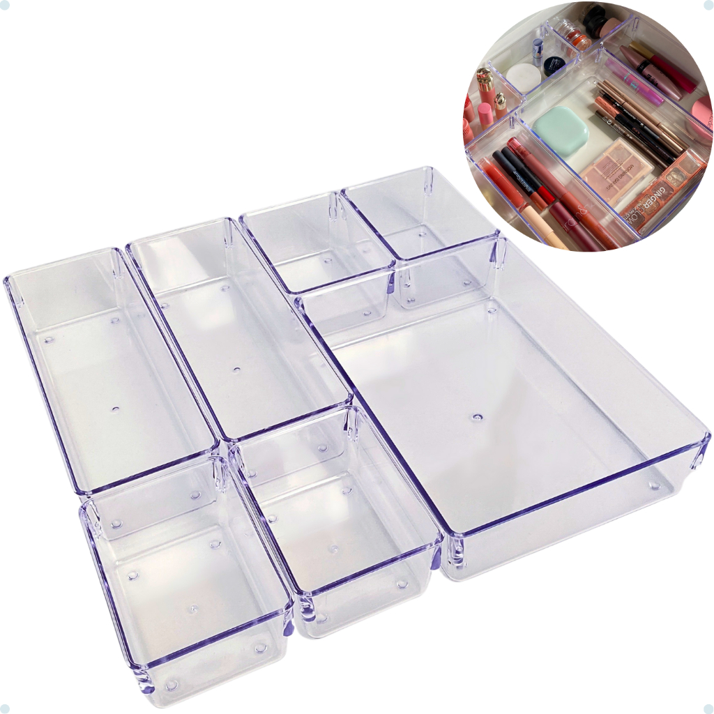 Imagem Kit 7 Organizadores Multiuso para Gavetas Armários Geladeiras Pote Acrílico Cristal e Fumê Plastutti