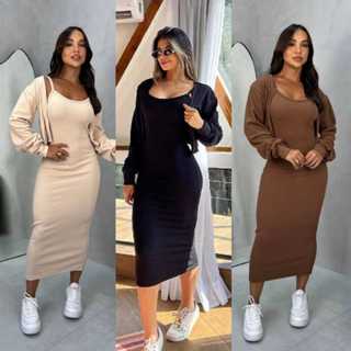Conjunto Vestido MIDI Com Casaco Feminino Moda Blogueira Estiloso Casual Outono/Inverno em Oferta na Shopee