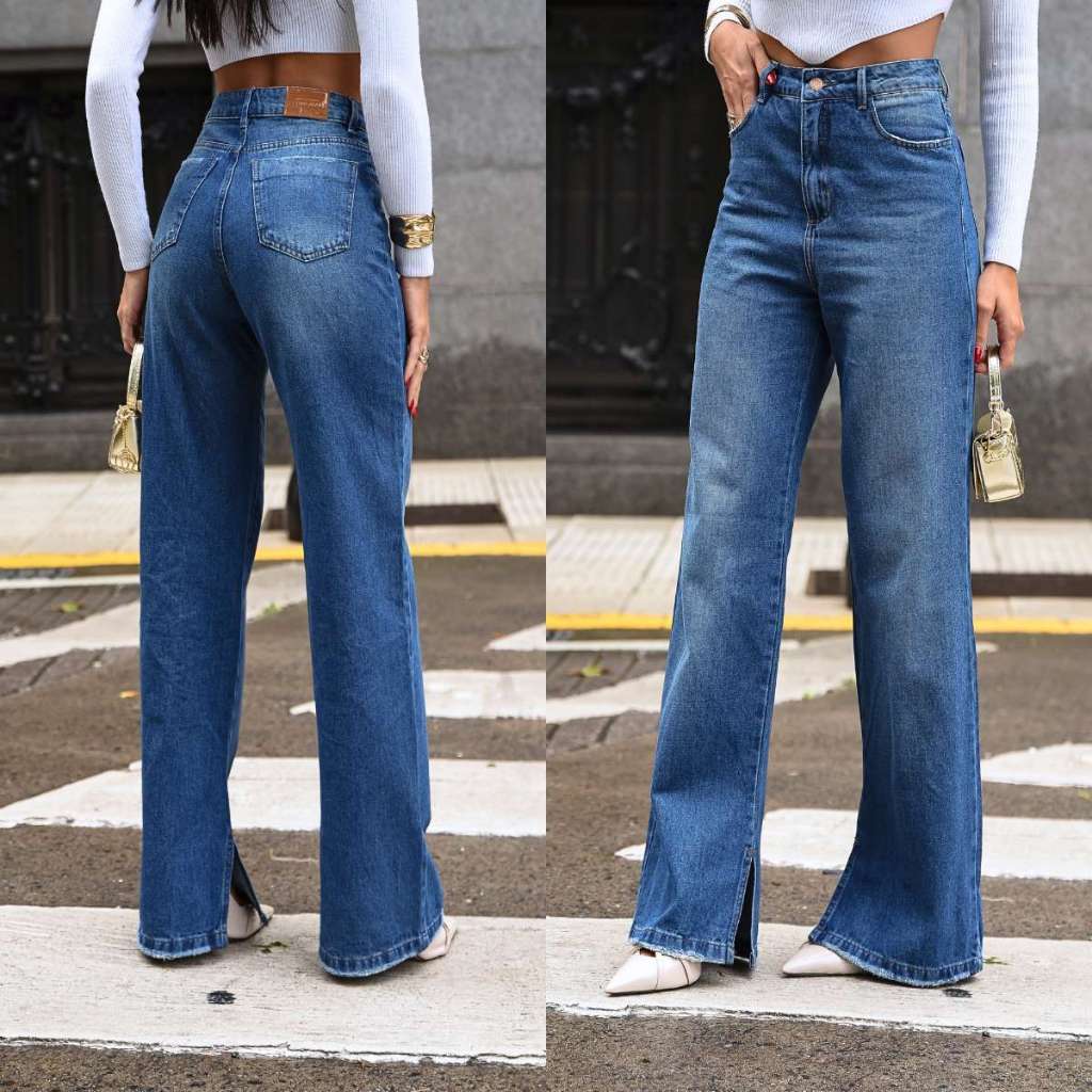 Calça Jeans Wide Leg Feminina com Fenda Confortável e Sofisticado