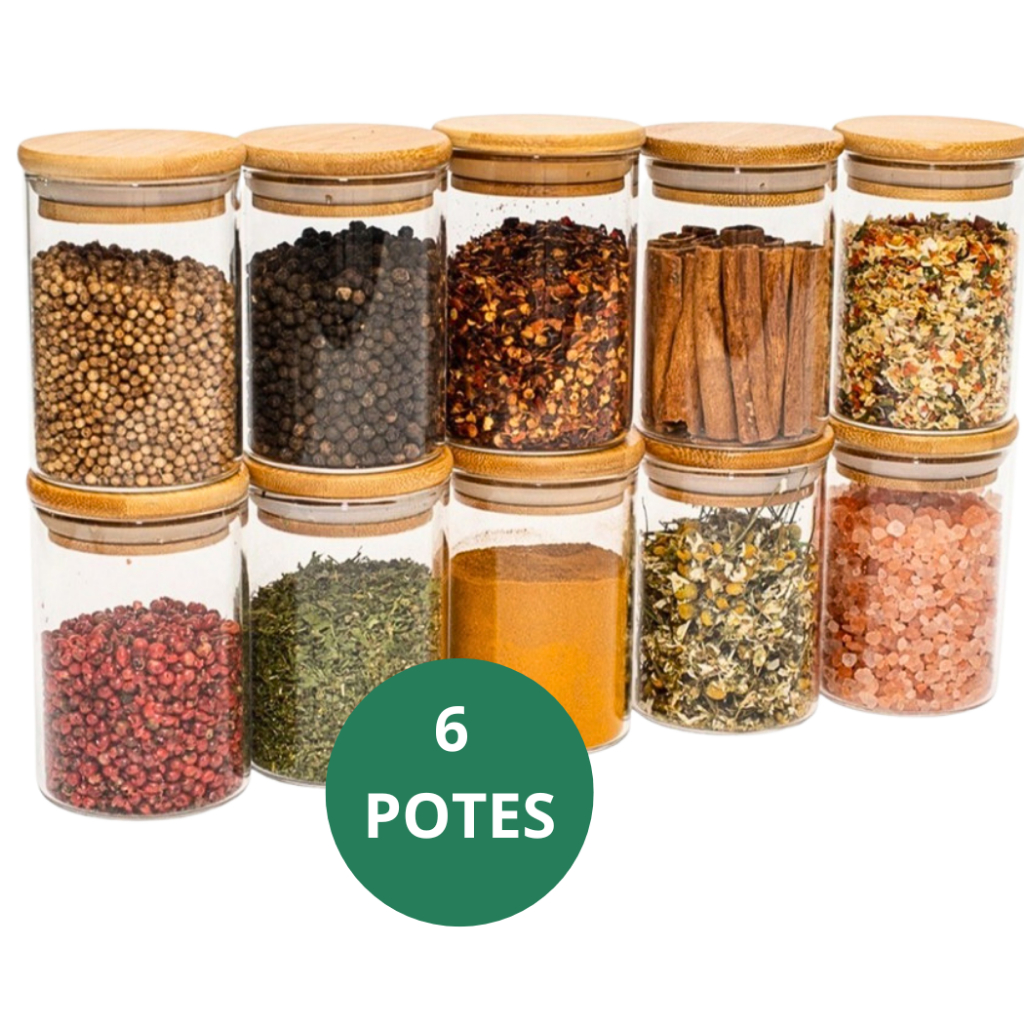 Kit 6 Potes de Vidro 200ml com Tampa de Bambu | Hermético à Prova de Odores
