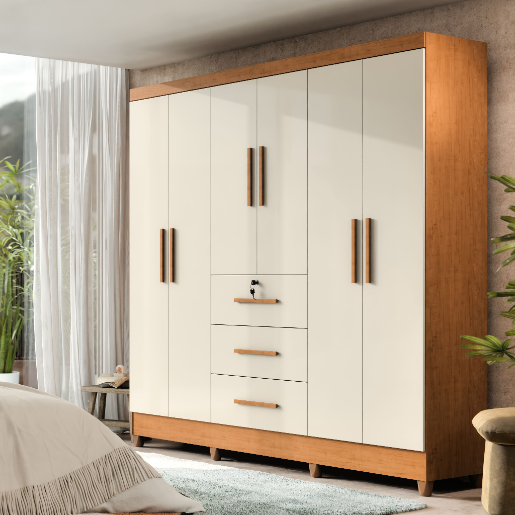 Guarda-Roupa Casal 6 Portas 3 Gavetas com Chave Mumbai MDP Nature/Off White ou Branco em Oferta na Shopee