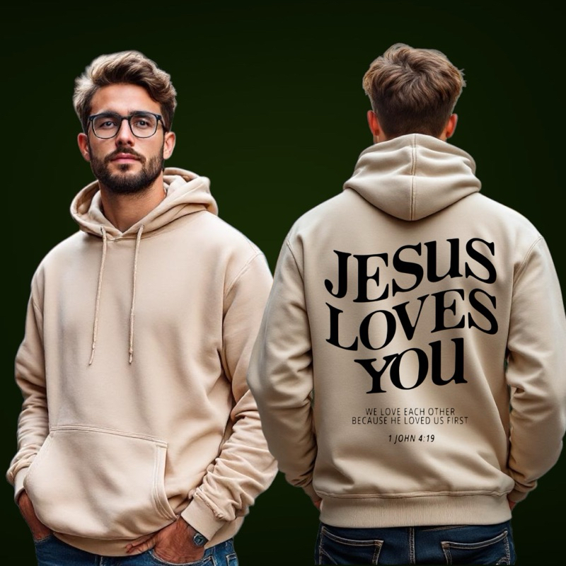 Blusa Moletom Canguru Cristão Jesus Loves You Blusa De Frio Inverno Flanelado com Capuz Evangelho Gospel Masculina