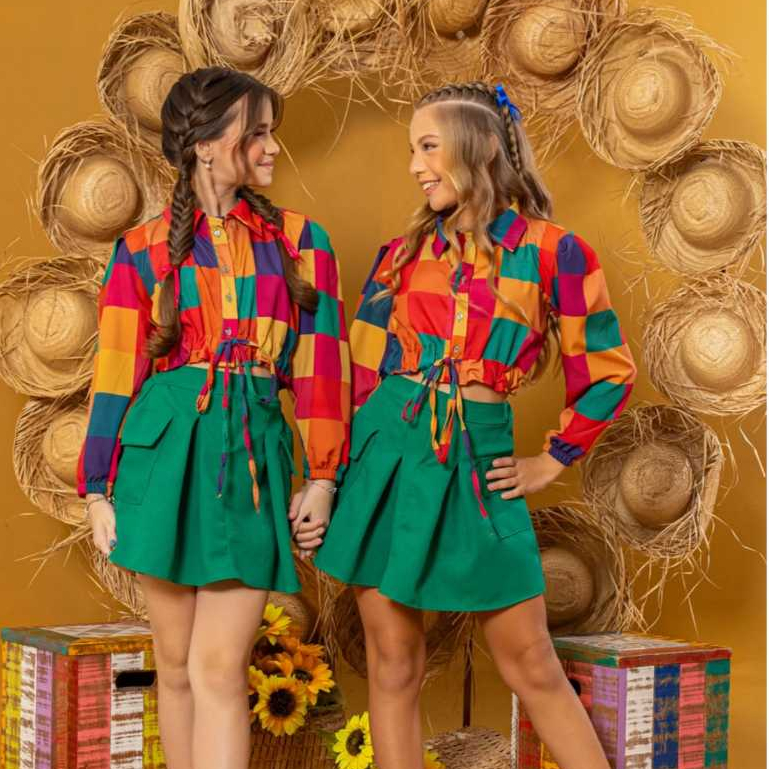 CONJUNTO XADREZ SAIA E BLUSA M LONGA INFANTIL MENINA COMBINADINHO BLOGUEIRINHA SÃO JÕAO FESTA JUNINA
