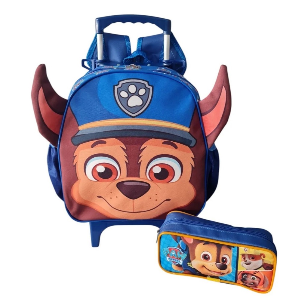 Mochila Escolar Maternal Chase Patrulha Canina Tam P Rodinhas + Estojo 3080