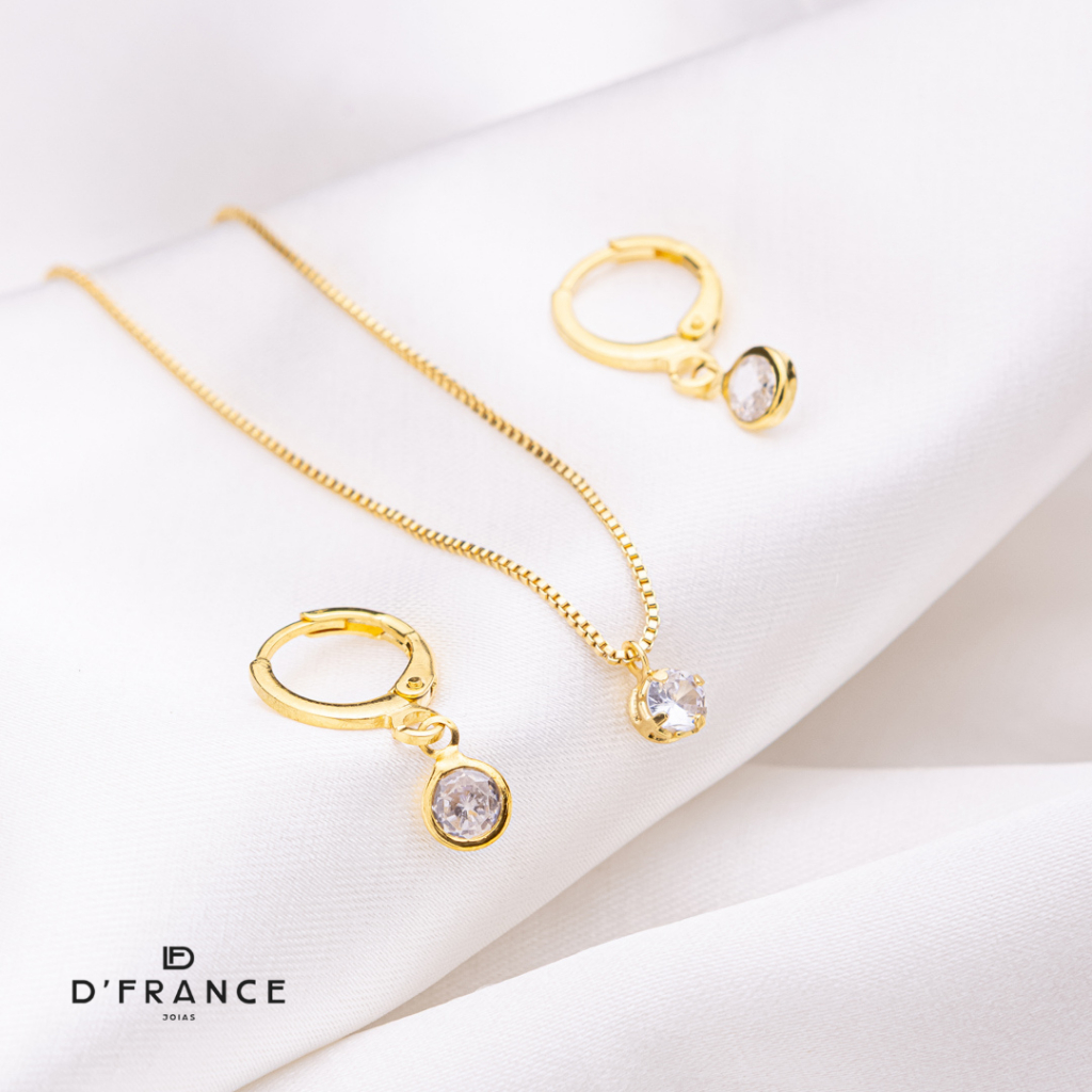 Conjunto Colar Ponto de Luz Redondo e Brinco  Argola Banhado a ouro 18K - D France Semijóias