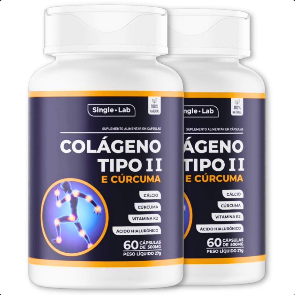Kit 2 Colágeno Tipo II + Cúrcuma + Ácido Hialurônico Cálcio Vitamina K2 Articulações Sem Sabor