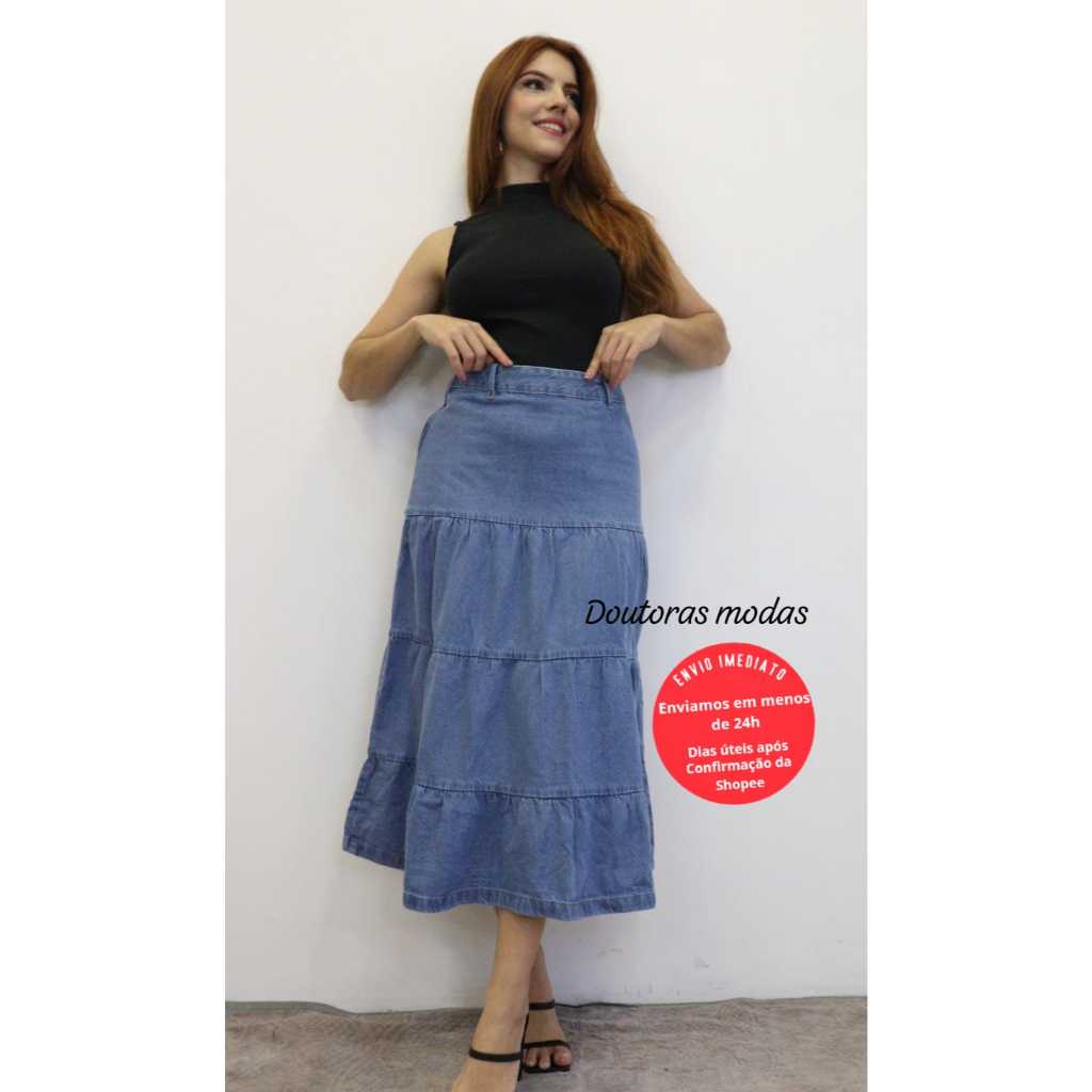 Doutoras Modas Saia Jeans Midi Ziper Lateral Maravilhosa 5279 em Oferta na Shopee