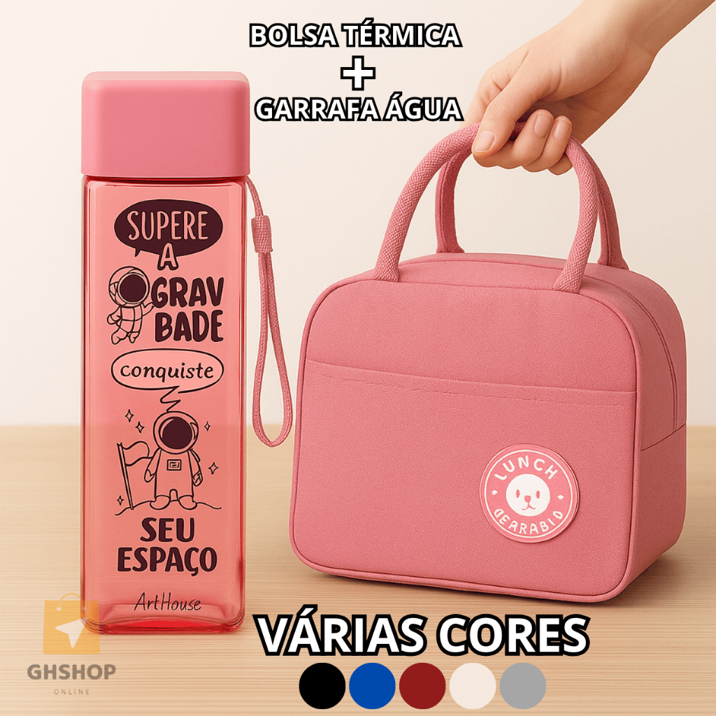 Kit Bolsa Térmica Com Alça Para Marmita Lancheira + Garrafinha Squeeze de Água Feminina Ma...