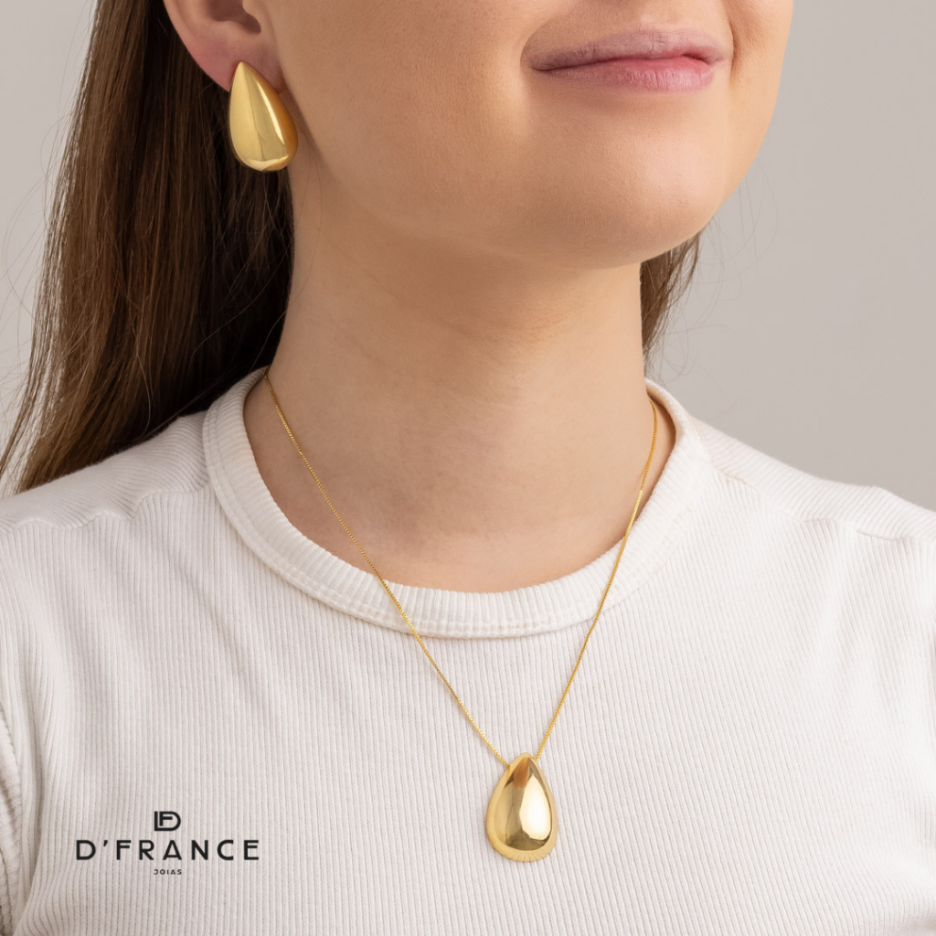 Conjunto Colar e Brinco Gota Banhado a ouro 18K - D France Semijóias
