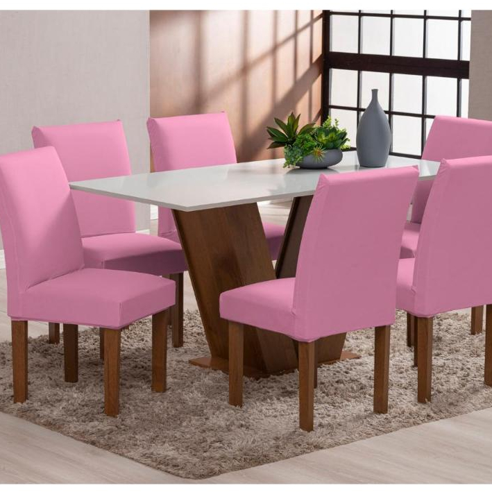 6 Capas de Cadeira Jantar Tecido Malha Gel Ajustável Rosa Luxo Moderna Mesa Posta Cozinha 6 Lugares