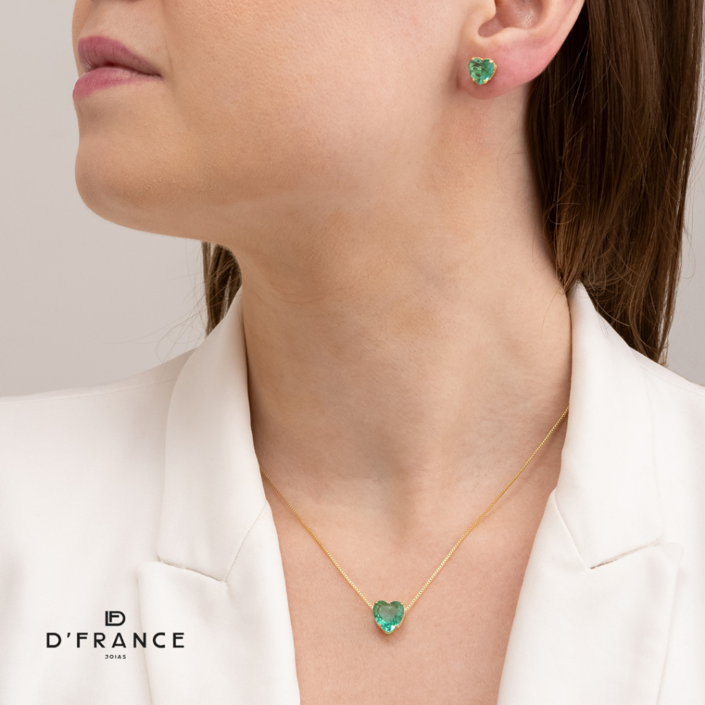 Conjunto Feminino Brinco e Colar Coração Cristal Turmalina Banhado a Ouro 18K- D France Semijóias