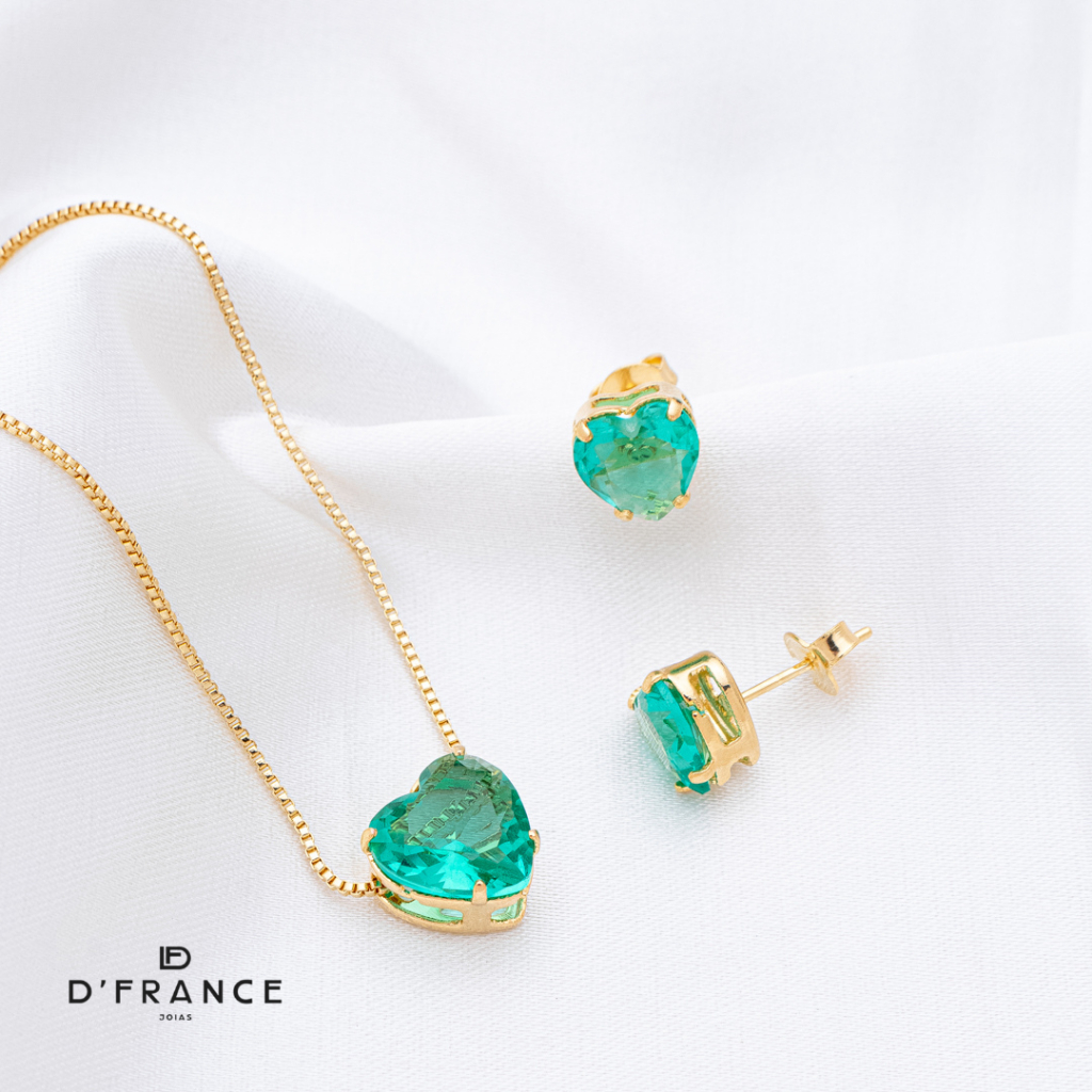 Conjunto Brinco e Colar Coração Cristal Turmalina Banhado a Ouro 18K- D France Semijóias