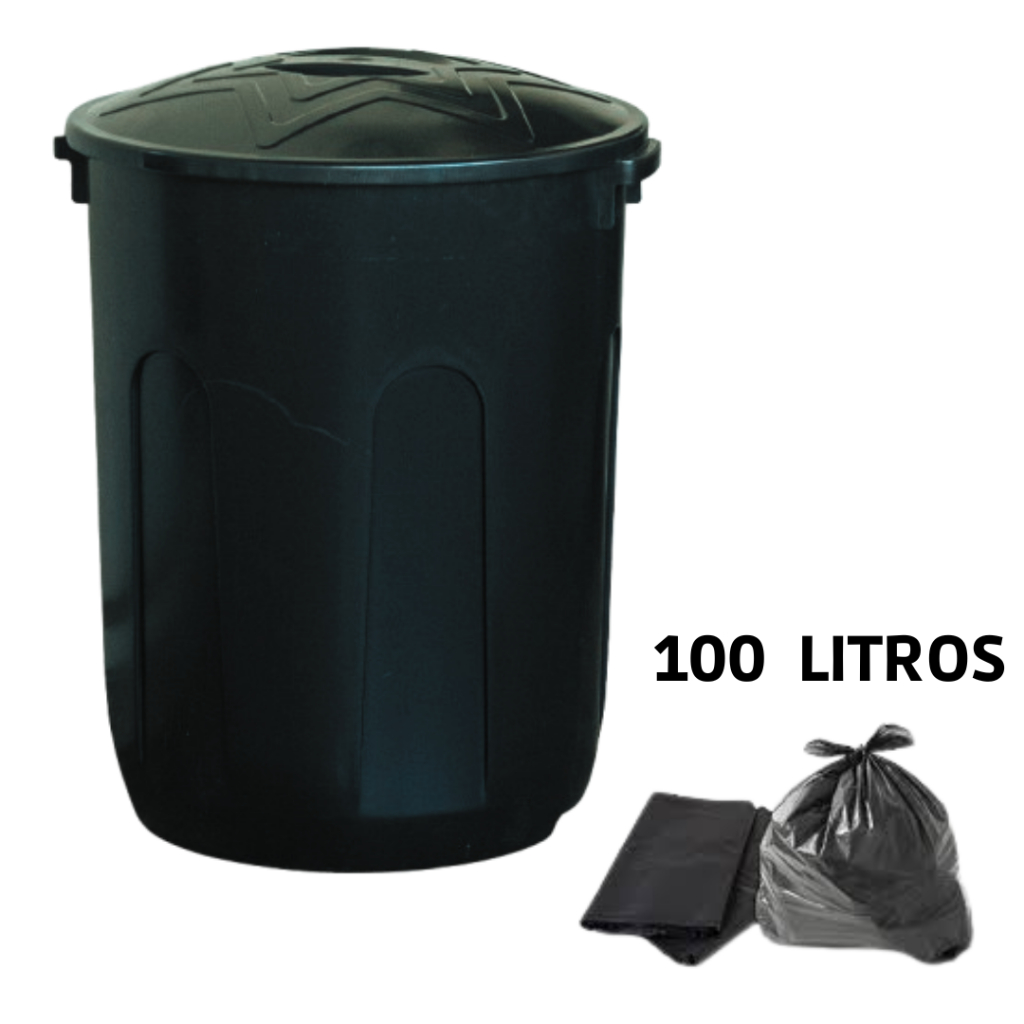 Cesto de Lixo Lixeira 100 Litros Preto Reforçado com Tampa - plasconex