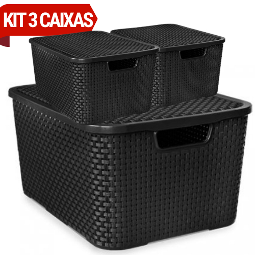 Kit 1 Caixa Organizadora Rattan 20L + 2 Caixas Organizadoras Rattan 7L com Tampa Preta Arqplast
