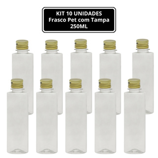 10 UNIDADES - FRASCO PET TRANSPARENTE (250ml) RETO ALTO com TAMPA ALUMINIO DOURADA - em Oferta na Shopee